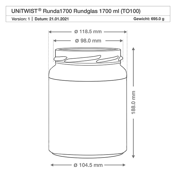 1700ml pyöreä purkki ilman kantta (TO100) UNiTWIST UNiTWIST Runda1700 1700ml TO100 tekninen piirustus Mitat Mitat Halkaisija 118.5mm 188mm korkeus