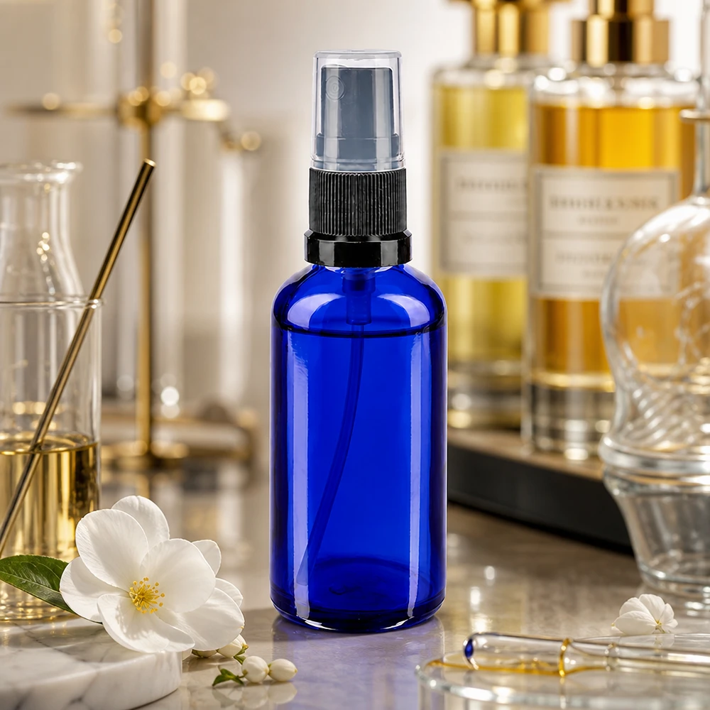Apteekkipullo sininen 50ml suihkepullon korkki musta Sininen 50 ml:n apteekkilasinen suihkepullo, jossa on musta hienosumutin ja valkoinen kukka
