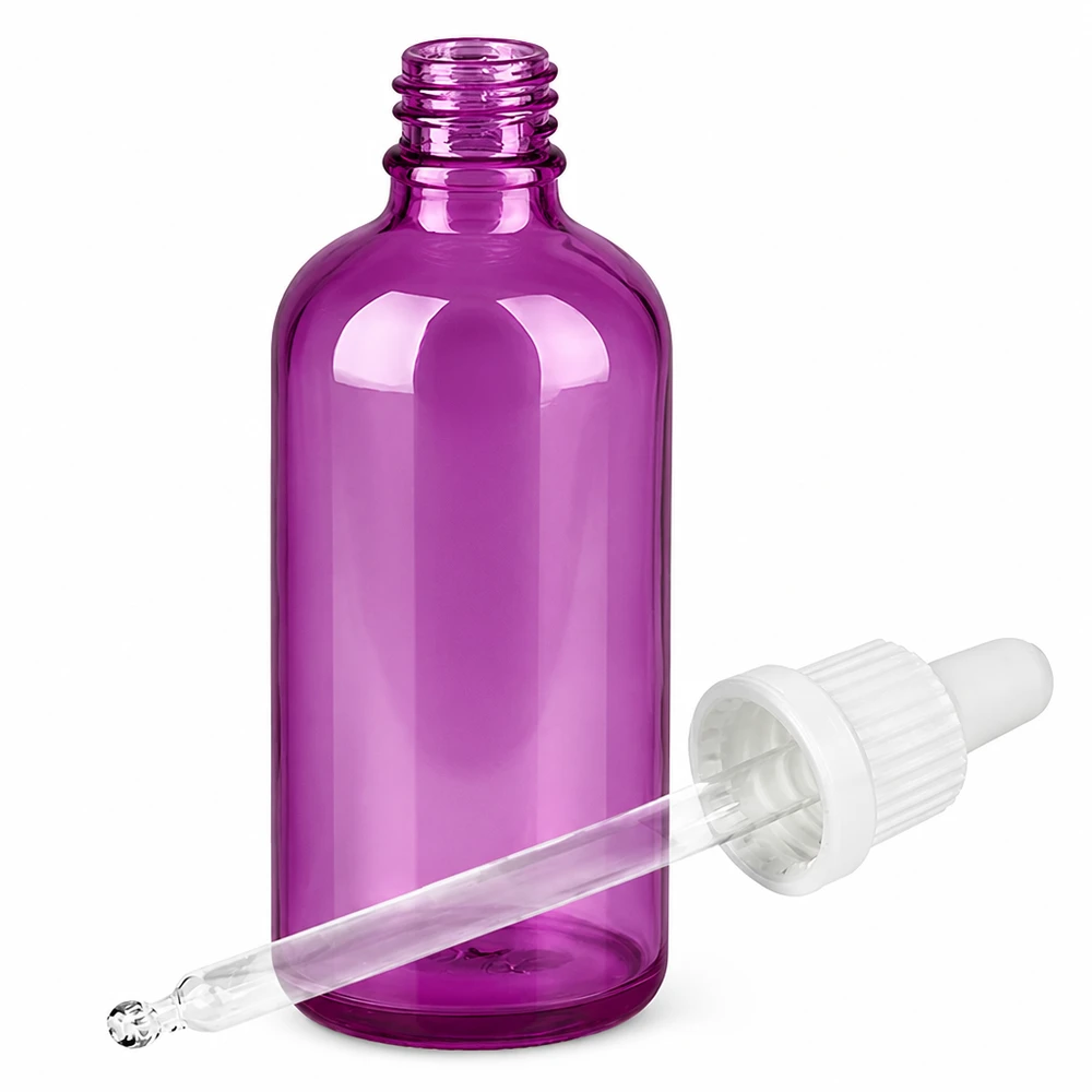 100ml pipettipullo valkoinen Originality kierrekorkki PurpleLine UT18/100 PurpleLine UT18/100 Violetti 100ml lasipullo pipetillä eteerisille öljyille ja seerumeille.