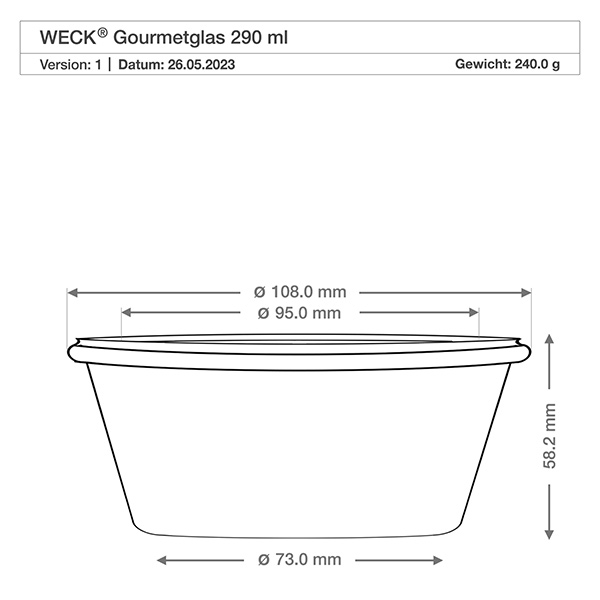 290ml gourmet-mehupurkki WECK RR100 Tekninen piirustus WECK Gourmet-purkki 290ml RR100 mitat Halkaisija 108mm Korkeus 58mm Paino 240g