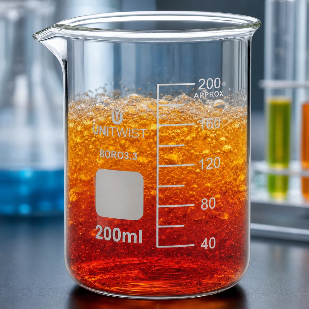 200 ml:n borosilikaattilasi, matala malli, jossa kuplivaa oranssinpunaista reaktioliuosta