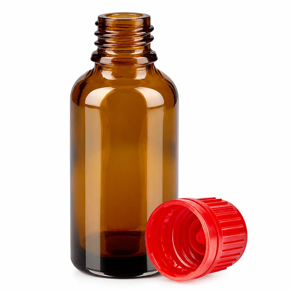 Ruskea 30 ml:n apteekkipullo 11 mm:n kierteellä ja punaisella korkilla valolle herkkiä aineita varten.