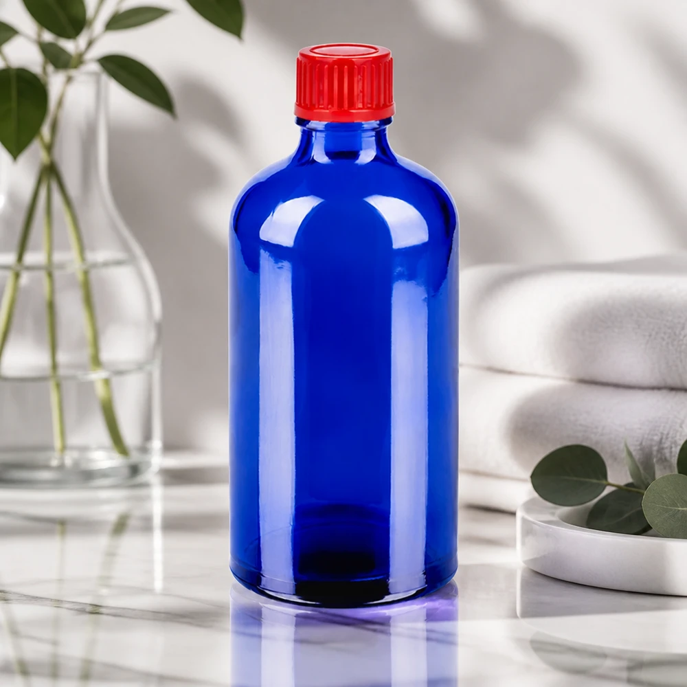 100ml pullo 11mm kierrekorkki punainen Standard BlueLine UT18/100 100ml SV-pullo, jossa on punaisella ruuvikorkilla ja sinisellä lasipinnalla varustettu uurrettu punainen kierrekorkki STD BlueLine