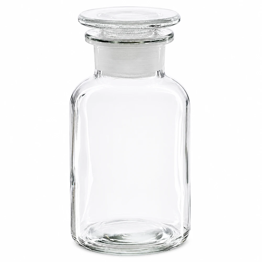 Läpinäkyvä, pyöreäolkapäinen 250 ml:n pullo, jossa on lasitulppa ja leveä kaula, laboratorio- ja apteekkikäyttöön