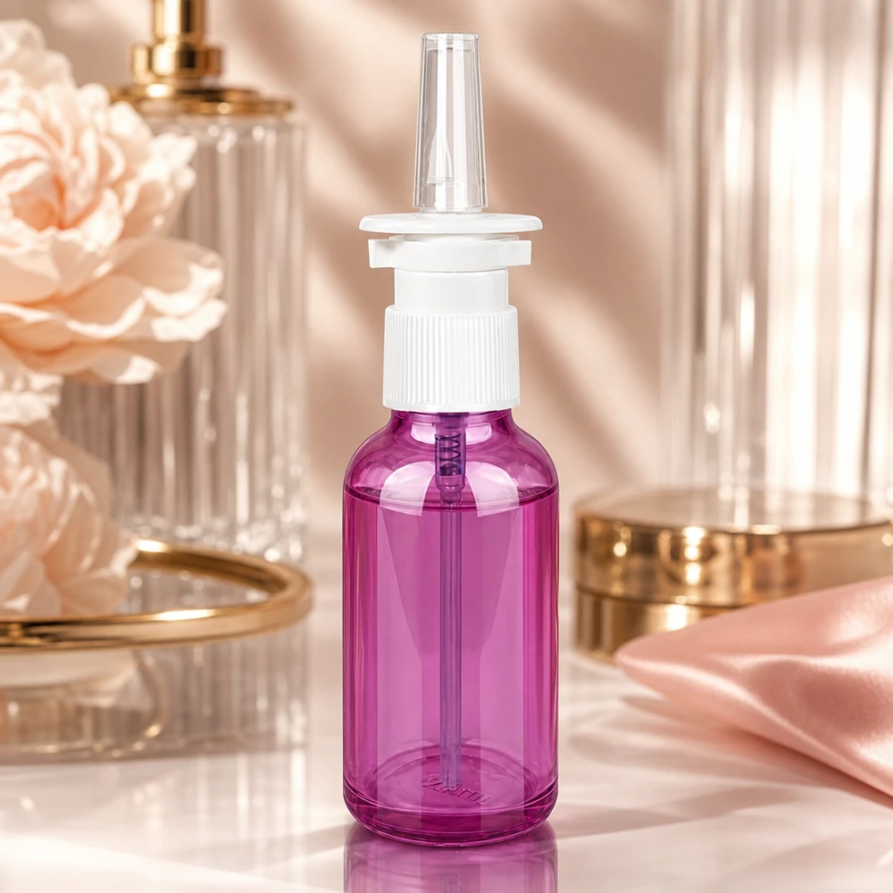 30ml nenäsumutinpullo valkoinen/läpinäkyvä vakio PurpleLine. UT18/30 Laadukas 30 ml:n nenäsumutepullo, jossa UT18-kierre, violetti, farmaseuttisille valmisteille.