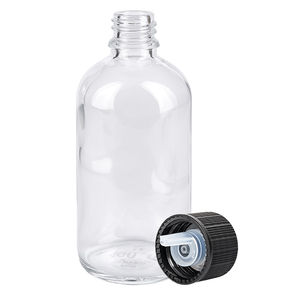 100ml tippapullo fl. 1mm musta vakiokorkki ClearLine UT18/100 100 ml:n ClearLine-tiputuspullo kirkkaasta lasista, mustalla tiputuskorkilla, 1 mm:n aukko