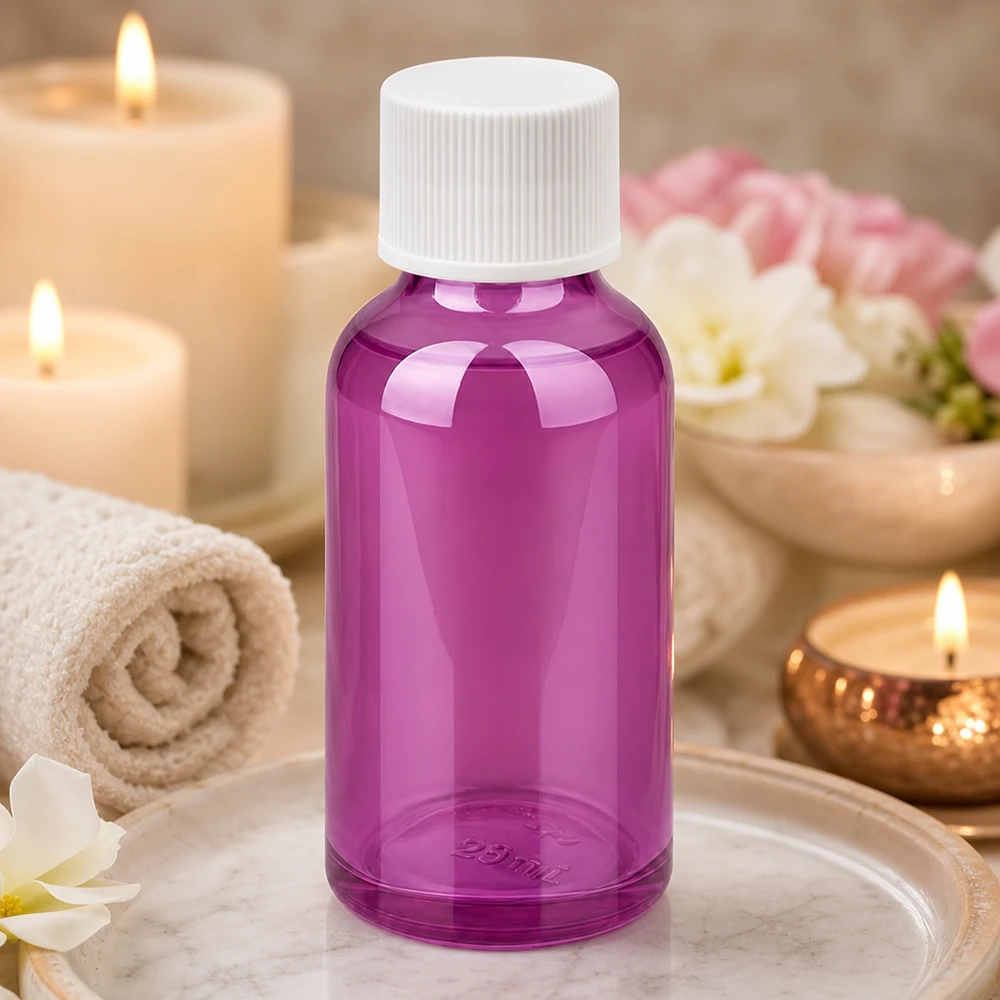 30ml pullo 11mm kierrekorkki valkoinen vakio PurpleLine UT18/30 30ml kosmetiikkapullo violetti valkoisella ruuvikorkilla ihonhoito- ja kauneudenhoitotuotteille.