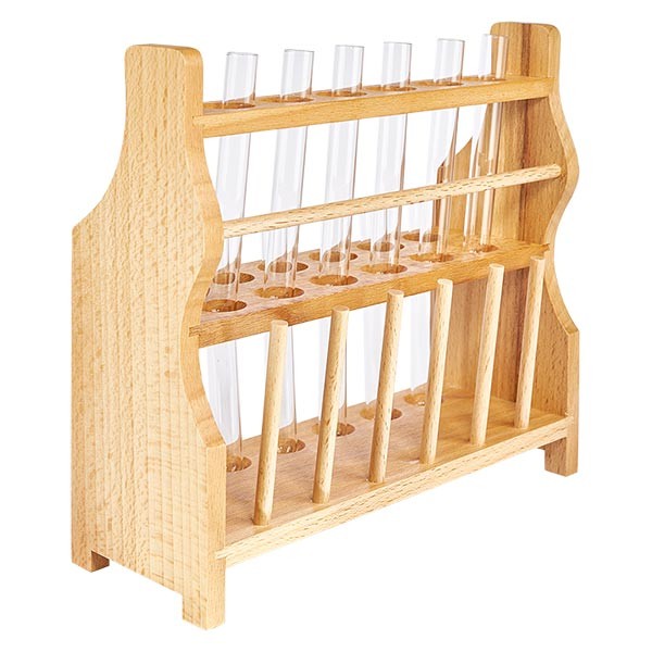 Puinen koeputkiteline, jossa 12 koeputkea ja sooda-limetti 100x12