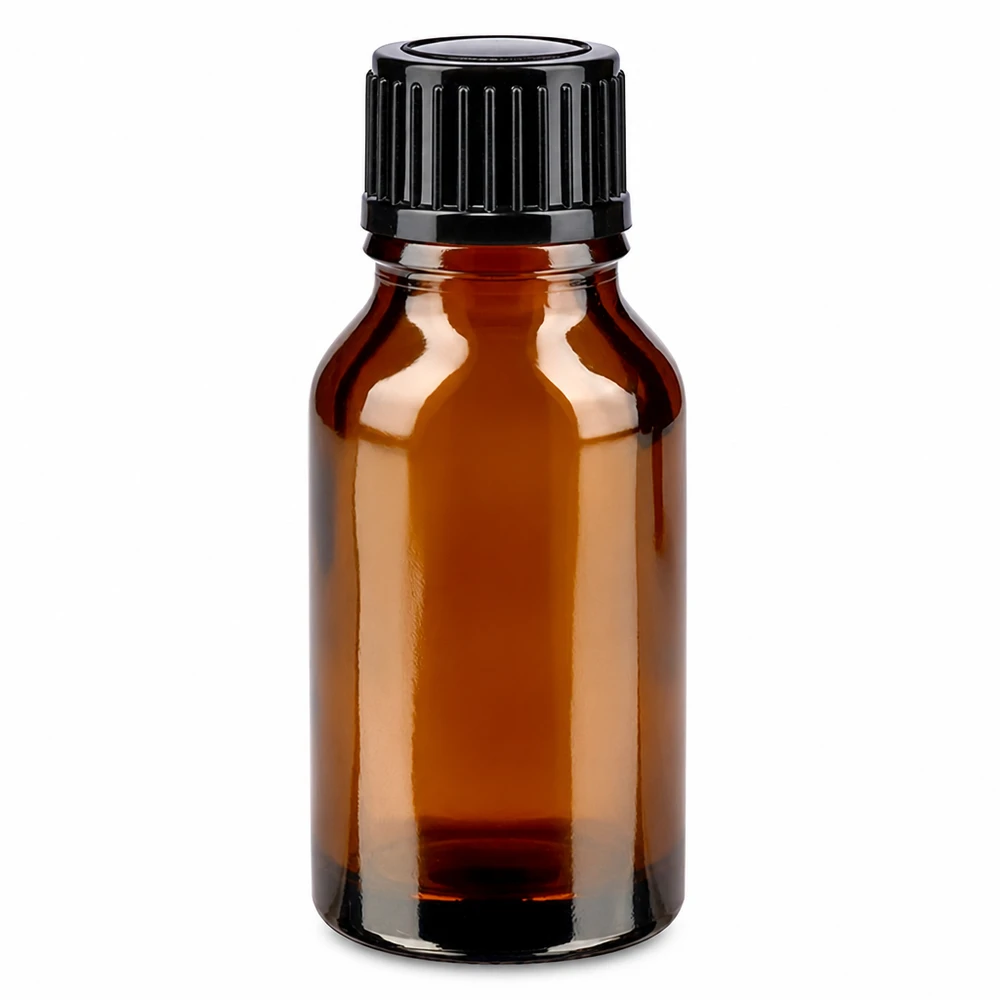 Apteekkipullo ruskea 15ml ruuvikorkki musta standardi Ruskea 15 ml:n apteekkipullo, jossa on musta kierrekorkki, valmistettu korkealaatuisesta ruskeasta lasista