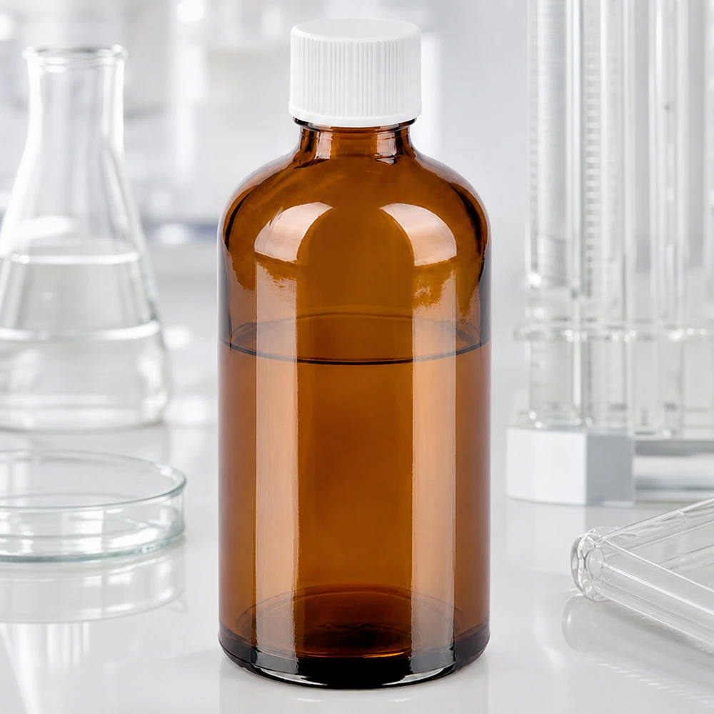 Pyöreä 100ml laboratoriopullo meripihkalasista, jossa on valkoinen korkki ammattikäyttöön.
