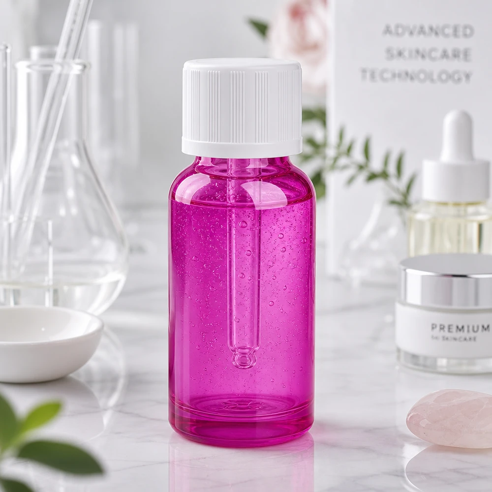 20ml tippapullo 1,2mm valkoinen vakiovarusteinen lapsiturvallinen PurpleLine.UT18/20 Tyhjä 20 ml:n tippapullo tyylikkäässä violetissa värissä ja valkoisella korkilla kosmetiikkaan ja laboratoriosovelluksiin.