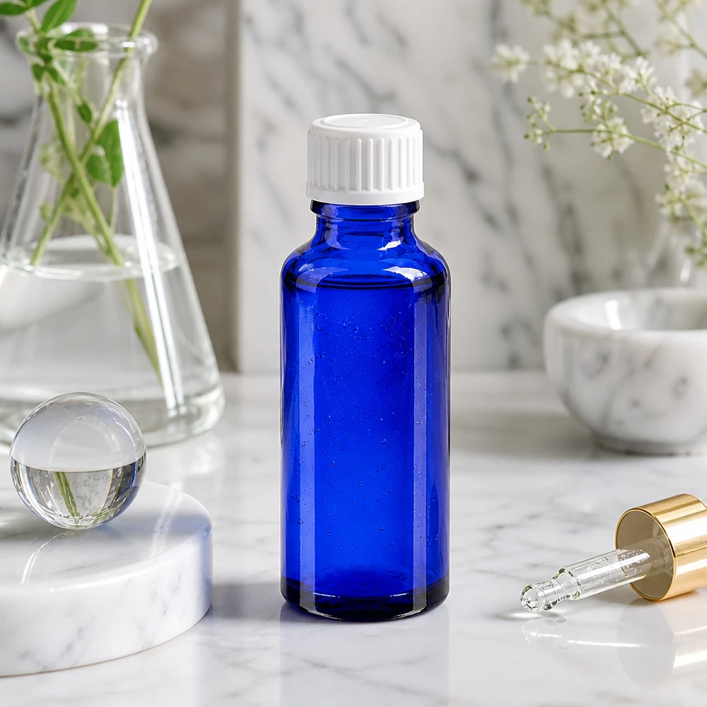 Apteekkipullo sininen 30ml ruuvikorkki valkoinen standardi Sininen 30 ml:n apteekkipullo, lasia, valkoisella vakiokorkilla, marmorialustalla, pipetillä