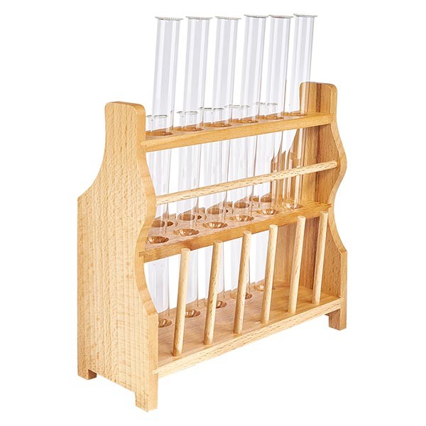 Puinen koeputkiteline, jossa on 12 borosilikaattikoeputkea 160x16