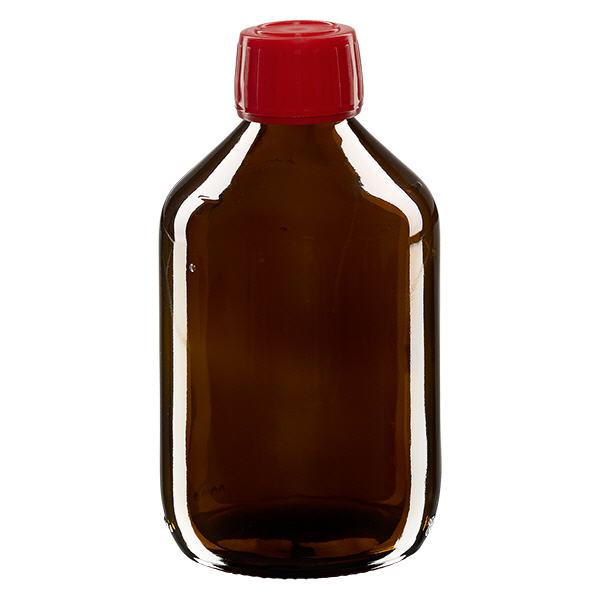 300ml lääkepullo ruskea, punainen korkki, jossa on peukaloinnin estävä rengas ApoGlas 300ml lääkepullo ruskea, punainen korkki, jossa on peukaloinnin estävä rengas ApoGlas