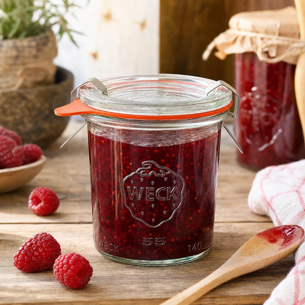140 ml:n tumppupurkki täydellisenä WECK RR60 WECK säilöntäpurkki 140ml RR60 täynnä vadelmahilloa maalaismaisessa keittiössä, jossa on tuoreita marjoja ja puinen lusikka.