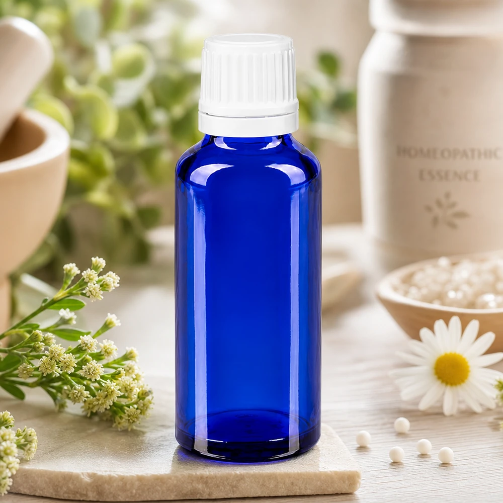 Apteekkipullo sininen 30ml tiputuskorkki 1.2mm valkoinen peukalointisuojattu korkki Sininen 30 ml:n homeopaattinen tiputuspullo ApoGlas-lasista, jossa on valkoinen etiketti kamomillankukan ja globulien vieressä