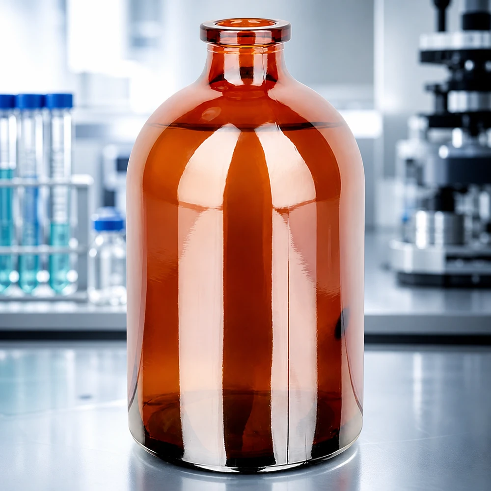 Injektionsflasche 100ml Braunglas mit bauchiger Korpusform und engem Rollrandhals ohne Verschluss