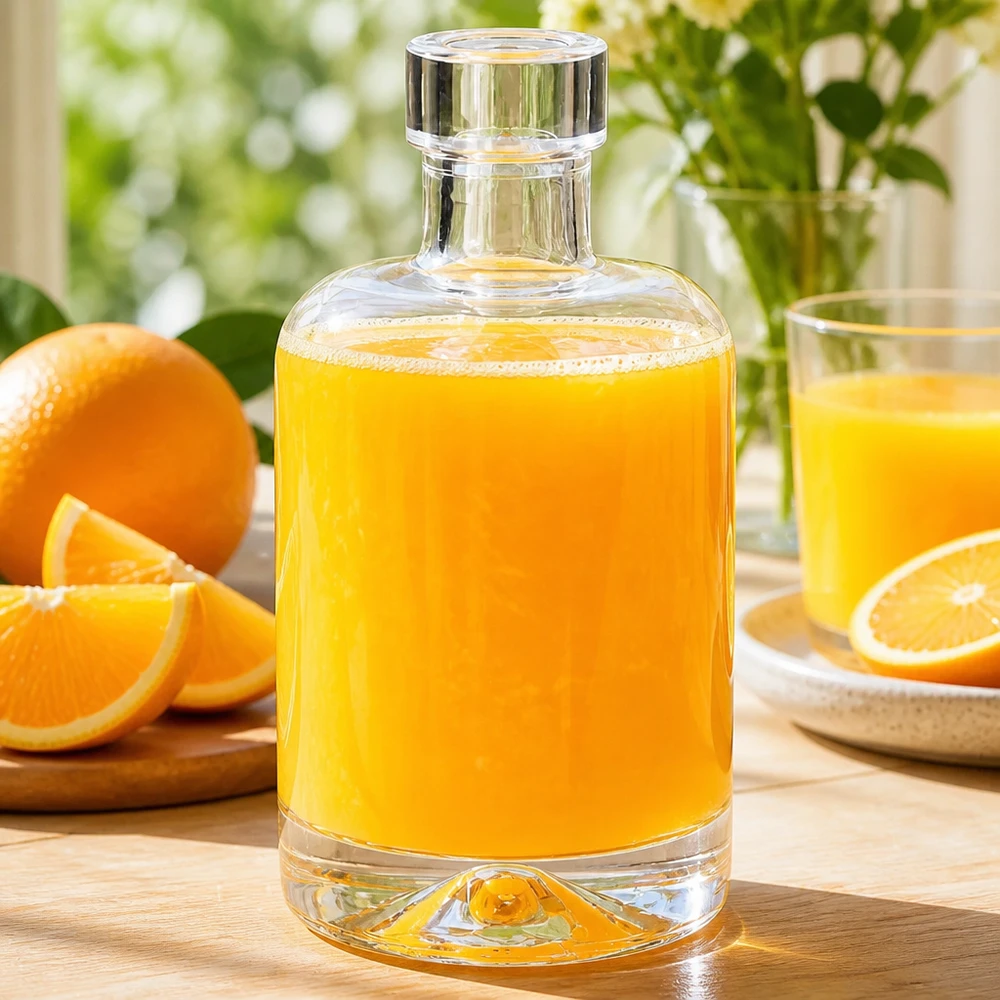 50ml lasipullo Amelie täynnä appelsiinimehua tuoreiden appelsiinien vieressä osoittaa käyttöä hedelmämehuihin ja smoothieihin.