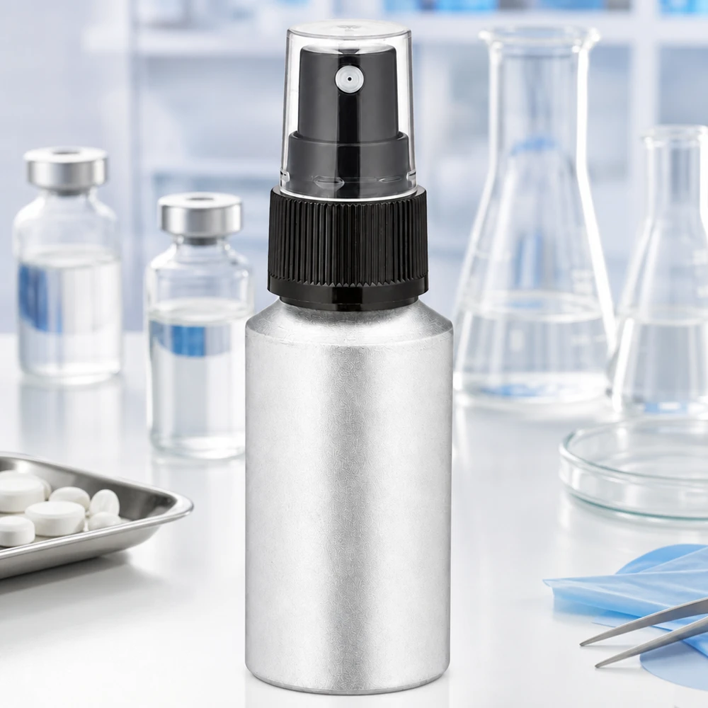 Pienikokoinen 30 ml:n alumiinipullo, jossa on suihkutuslisälaite, sopii täydellisesti liikkuviin sovelluksiin ja matkoille.