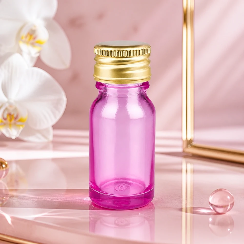 10ml pullo 11mm ruuvikorkki alumiinista kultainen standardi PurpleLine. UT18/10 Elegantti 10 ml:n pullo läpinäkyvää violettia, jossa ylellinen kulta-alumiininen korkki premium-tuotteille.