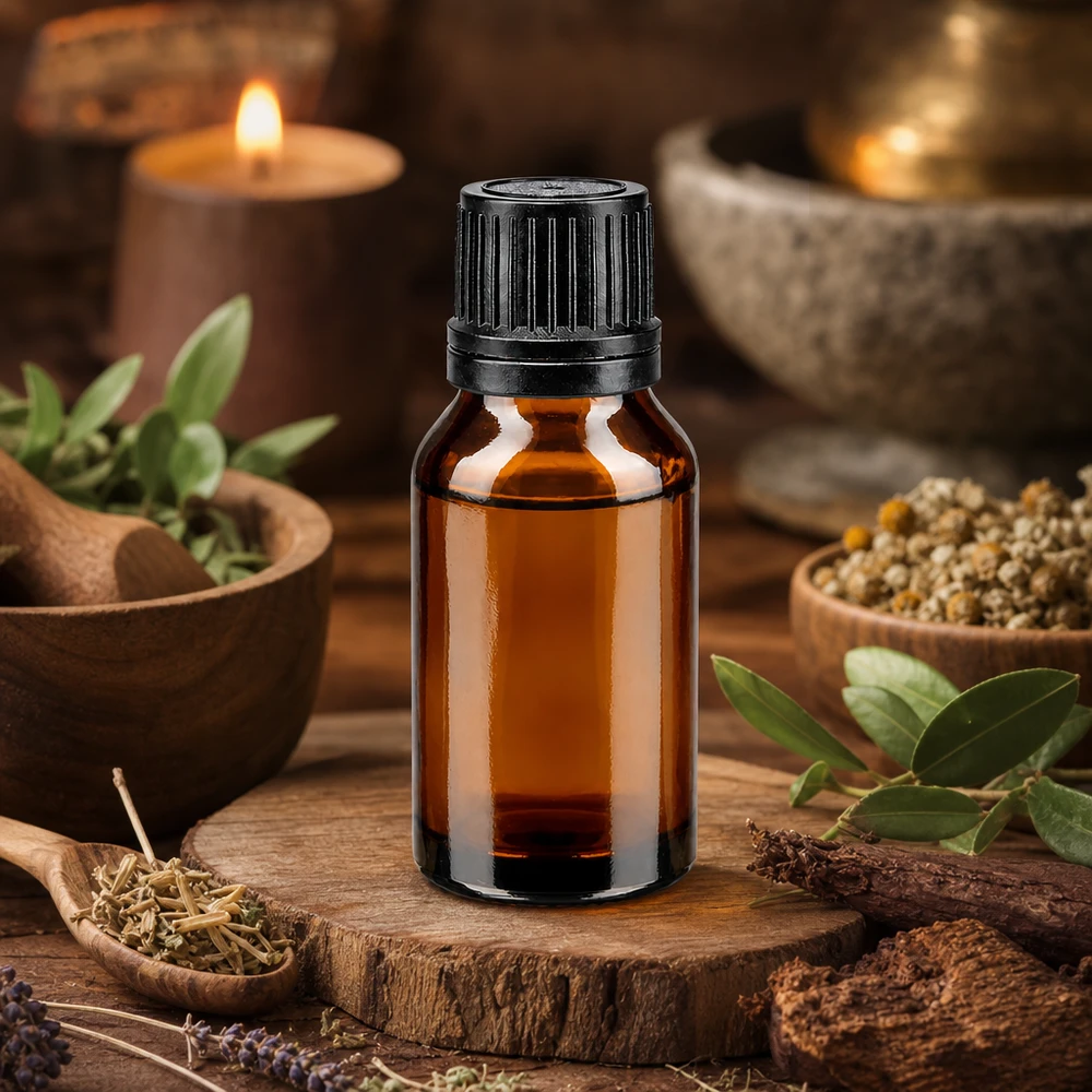 Apteekkipullo ruskea 15ml tiputuskorkki kaaderengas 1mm musta tamper-evident korkki. Aromaattiset yrtit ja ruskea apteekkipullo (15 ml), jossa on musta puinen tippakorkki