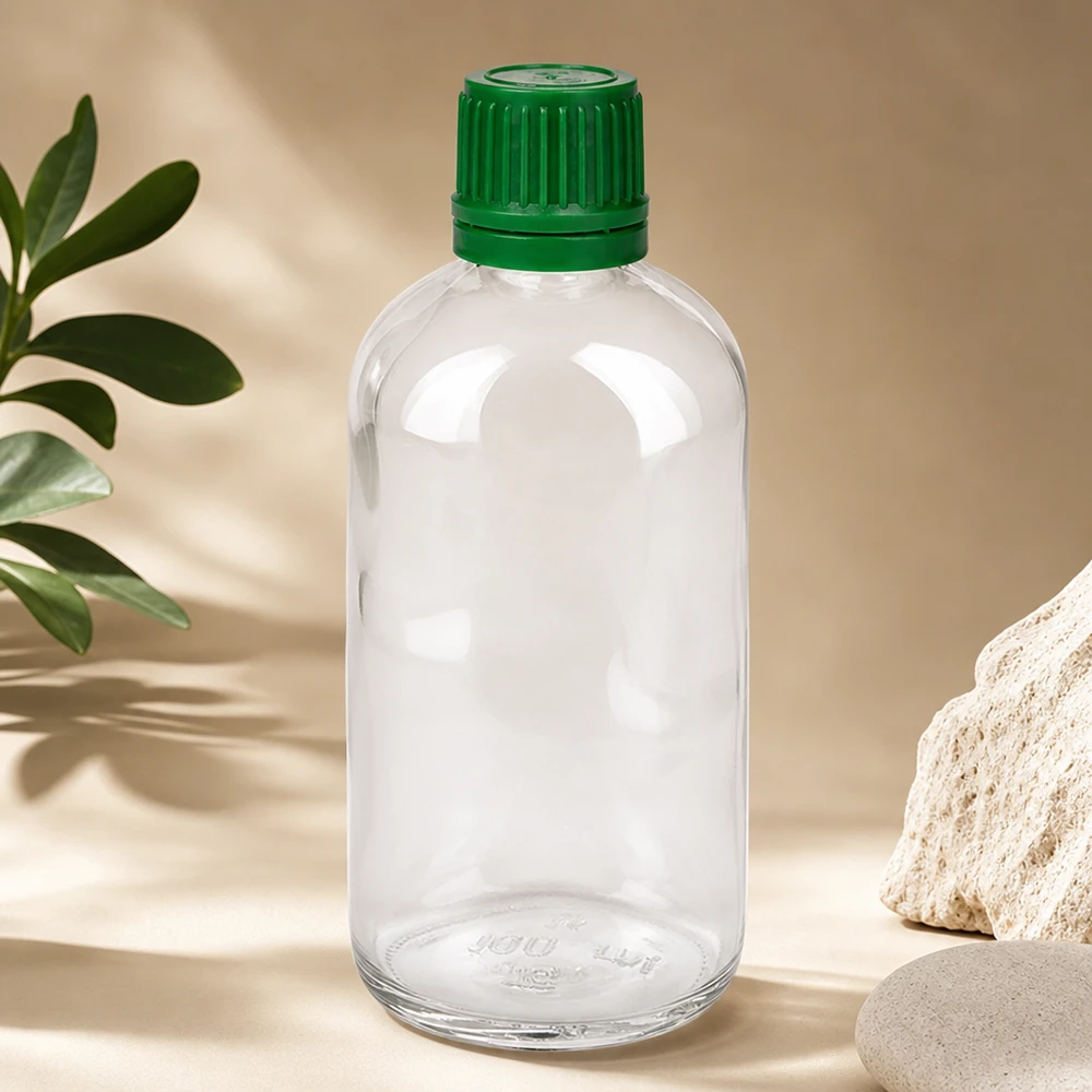 Läpinäkyvä 100 ml:n ClearLine-apteekkipullo, jossa on lapsiturvallinen vihreä korkki, 11 mm, SV OV