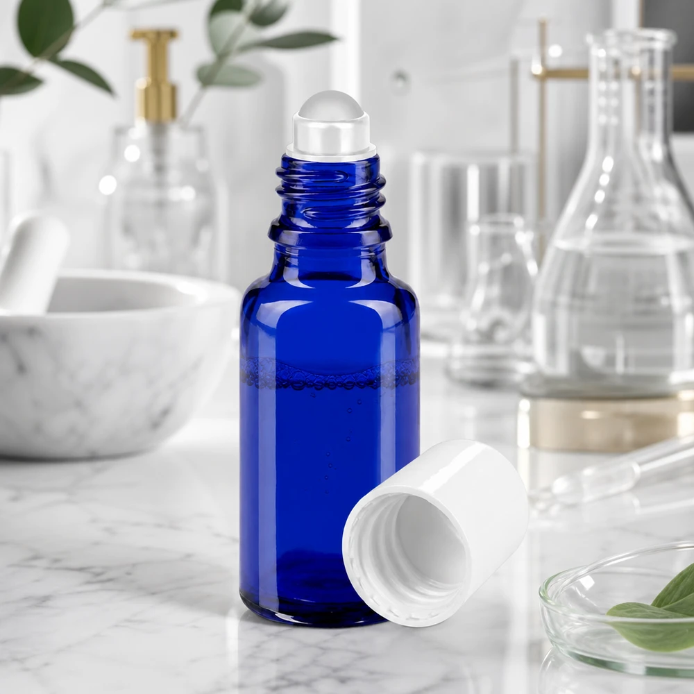 Apteekkipullo sininen 20ml roll-on korkki valkoinen Avoin 20 ml:n roll-on-pullo sinisestä apteekkilasista, jossa on läpinäkyvä rullapallo marmoripohjalla