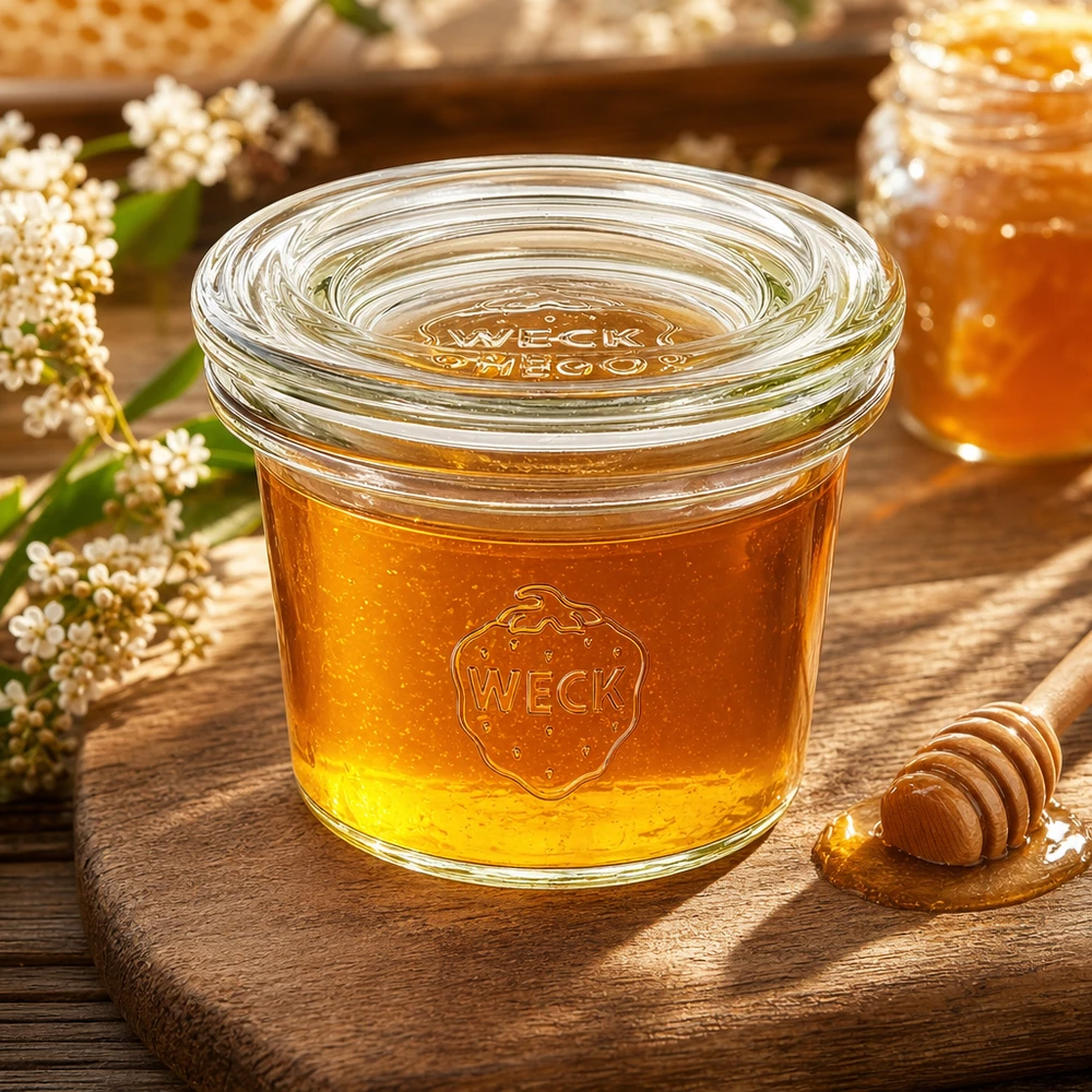 35ml lasikannelliset juomapullot WECK RR40 WECK lasipurkki 35ml RR40 täynnä hunajaa kukkien välissä puulevyllä osoittaa luonnollista käyttöä.