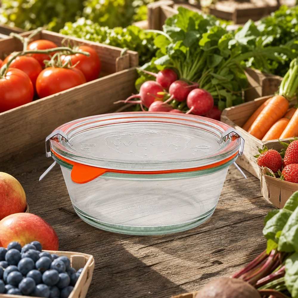 300ml gourmet-purkki täydellinen WECK RR120 WECK gourmet-purkki 300ml RR120 tuoreiden markkinavihannesten ympäröimänä puulaatikoissa, kestävä lasisäilytys