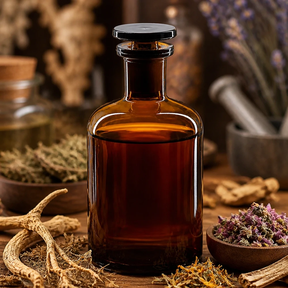 Pyöreä olkapääpullo 100ml ruskea kapeakaulainen lasitulppa Pyöreäolkapullon 100 ml, ruskea, lasikorkilla varustettu, kuivattuja lääkekasveja ja juuria sisältävä