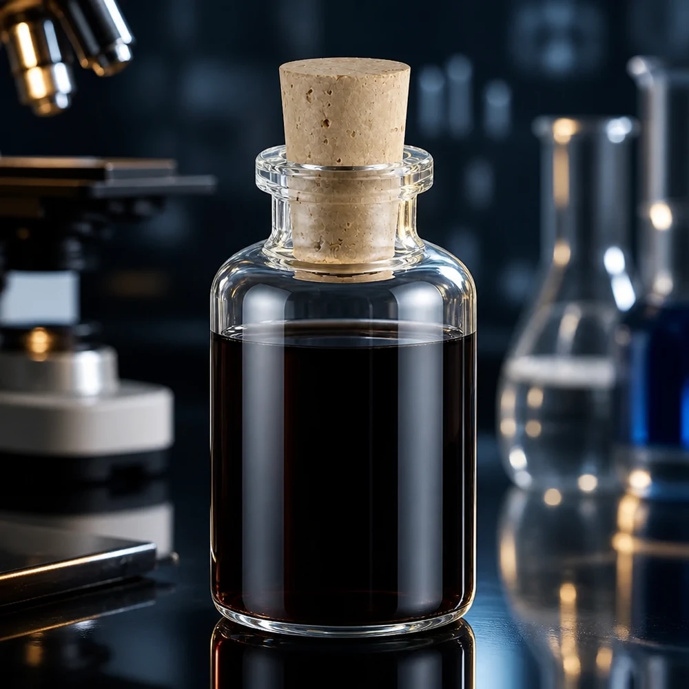Kompakte Klarglasflasche 30ml mit Korkverschluss und schwarzer Flüssigkeit im Laborumfeld