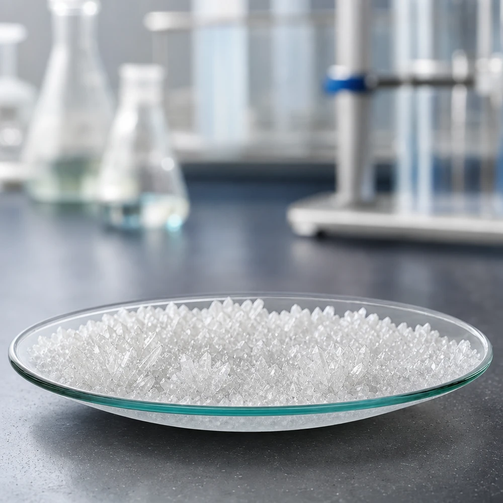 Pyöreä lasiastia 60mm täynnä valkoisia kiteitä ammattimaisessa laboratorioympäristössä.