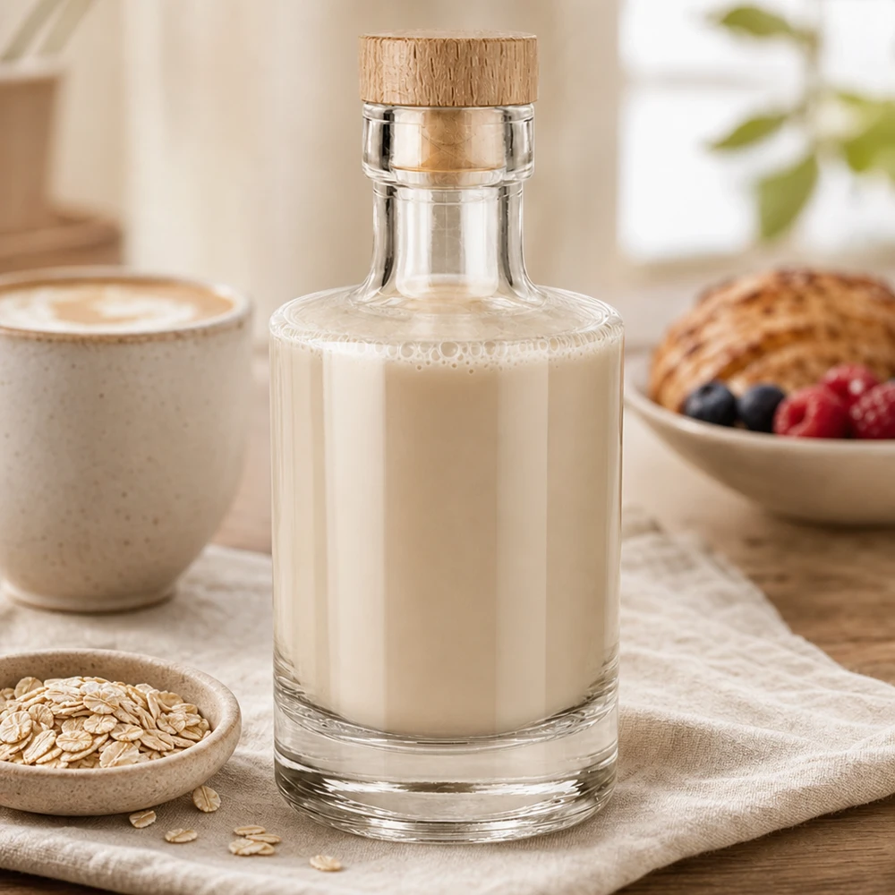 200ml Glasflasche "Marie" mit Holzgriff-Korken UNiTWIST 200ml Glasflasche Marie mit cremiger Hafermilch befüllt, Holzkorken, gemütliches Frühstücks-Ambiente mit Haferflocken un