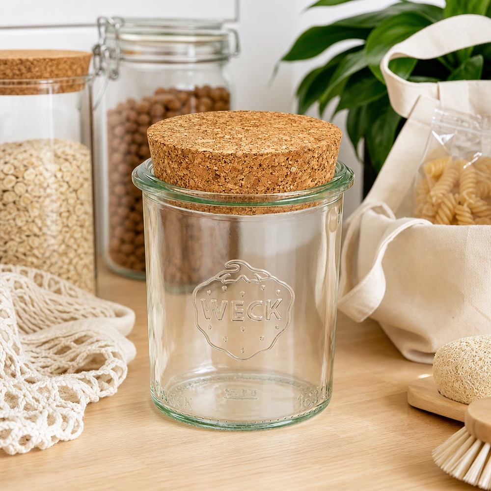 WECK säilytyspurkki 160ml RR60 korkkikannella kestävässä nollajätekeittiössä säilytyspurkkien ja luonnontekstiilien välissä