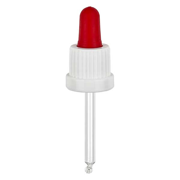 Lasinen tippapipetti valkoinen/punainen 18mm PL53.5 sulkeminen väärentämisen estävällä sulkimella. Lasinen tippapipetti valkoinen/punainen 18mm PL53.5 sulkeminen väärentämisen estävällä sulkimella.