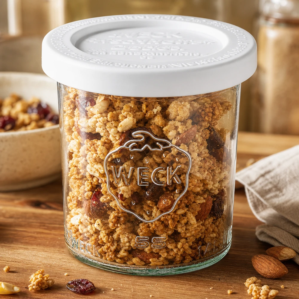 140 ml:n lasipurkki, jossa on tuoreuskansi, WECK RR60 WECK 140ml RR60 säilytyspurkki täynnä mysliä ja pähkinöitä - monipuolinen säilytyspurkki kuiville elintarvikkeille.