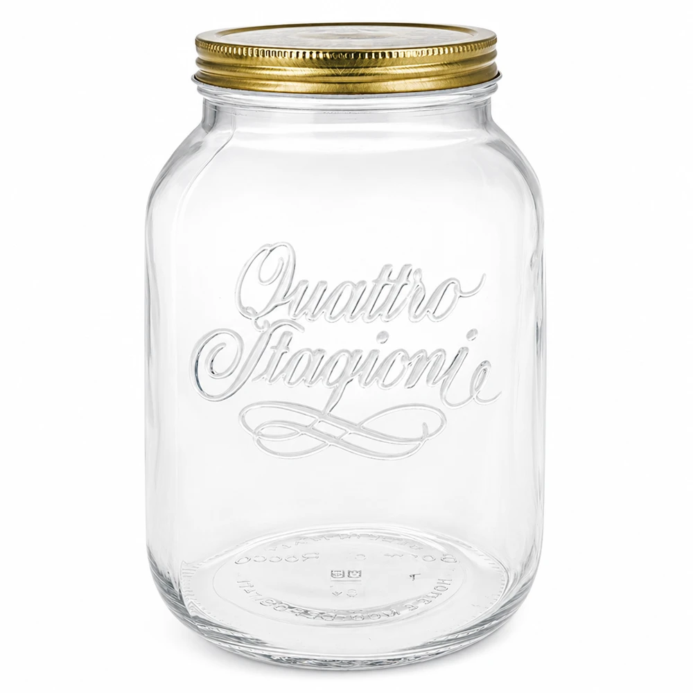 Tyhjä 3000ml Quattro Stagioni pyöreä purkki, jossa on kultainen ruuvikorkki ja kohokuvioitu logo valkoisella pohjalla.