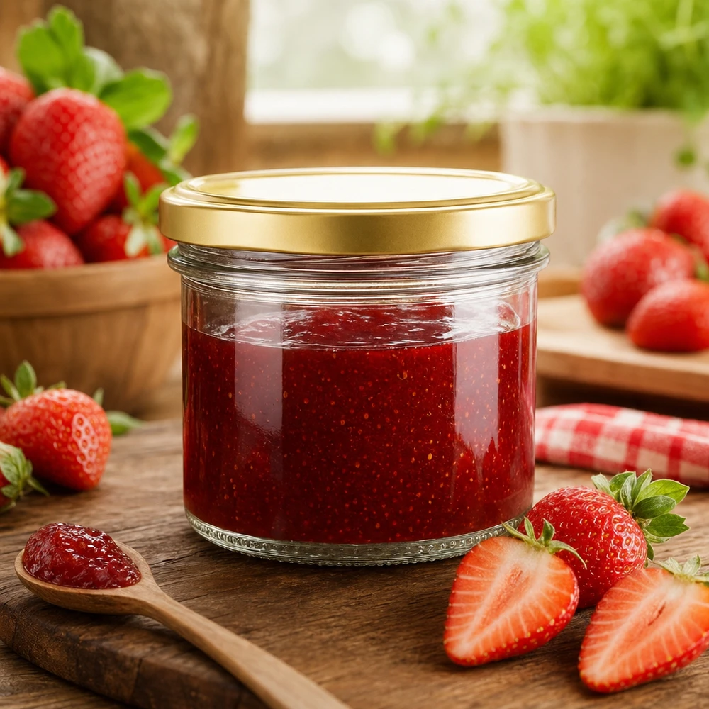 125ml Sturzglas mit goldenem BasicSeal Deckel gefüllt mit Erdbeermarmelade auf Holzbrett mit frischen Erdbeeren
