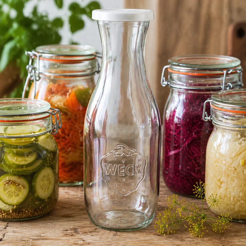 1062 ml:n mehupullo, jossa on tuoreuskansi, WECK RR60 WECK Saftflasche 1062ml mit Frischedeckel als stilvolle Dekoration zwischen bunten Einmachgläsern mit eingelegtem Gemüse