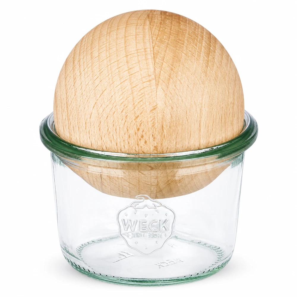 WECK juomapullot 80ml RR60, jossa on pyökkipuinen pallokansi valkoisella pohjalla.