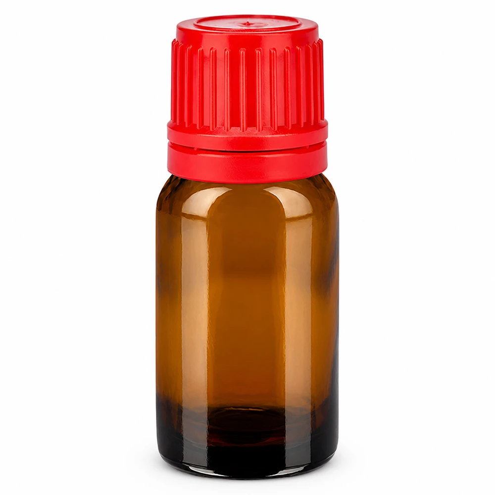 10ml pullo 11mm kierrekorkki punainen peukaloinninestokorkki BrownLine UT18/10 10ml meripihkanvärinen lasipullo punaisella kierrekorkilla eteerisille öljyille ja lääkkeille.