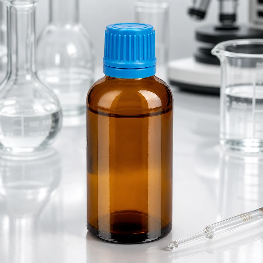 Laadukas 50 ml:n lasipullo, ruskea, sininen korkki, laboratoriosovelluksiin ja kemikaaleihin.