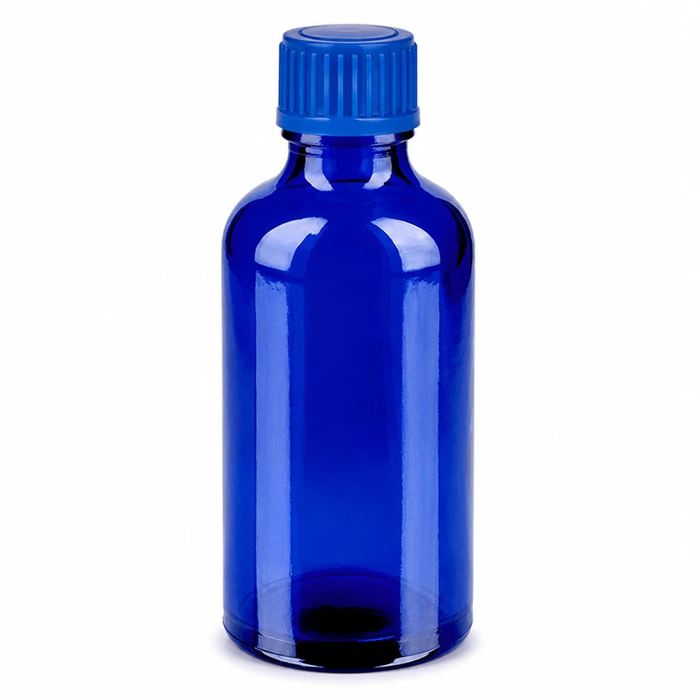 50ml sininen lasipullo, jossa on kierrekorkki aromaterapialle ja eteerisille öljyille.