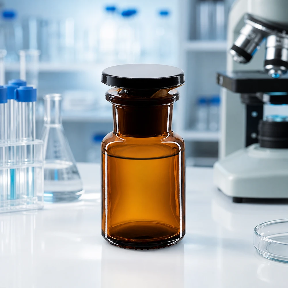 Pyöreä olkapääpullo 50ml ruskea leveäkaulainen lasitulppa 50 ml:n valolta suojaava leveäkaulainen pullo, jossa on lasikorkki, ammattimaisessa laboratoriokäytössä