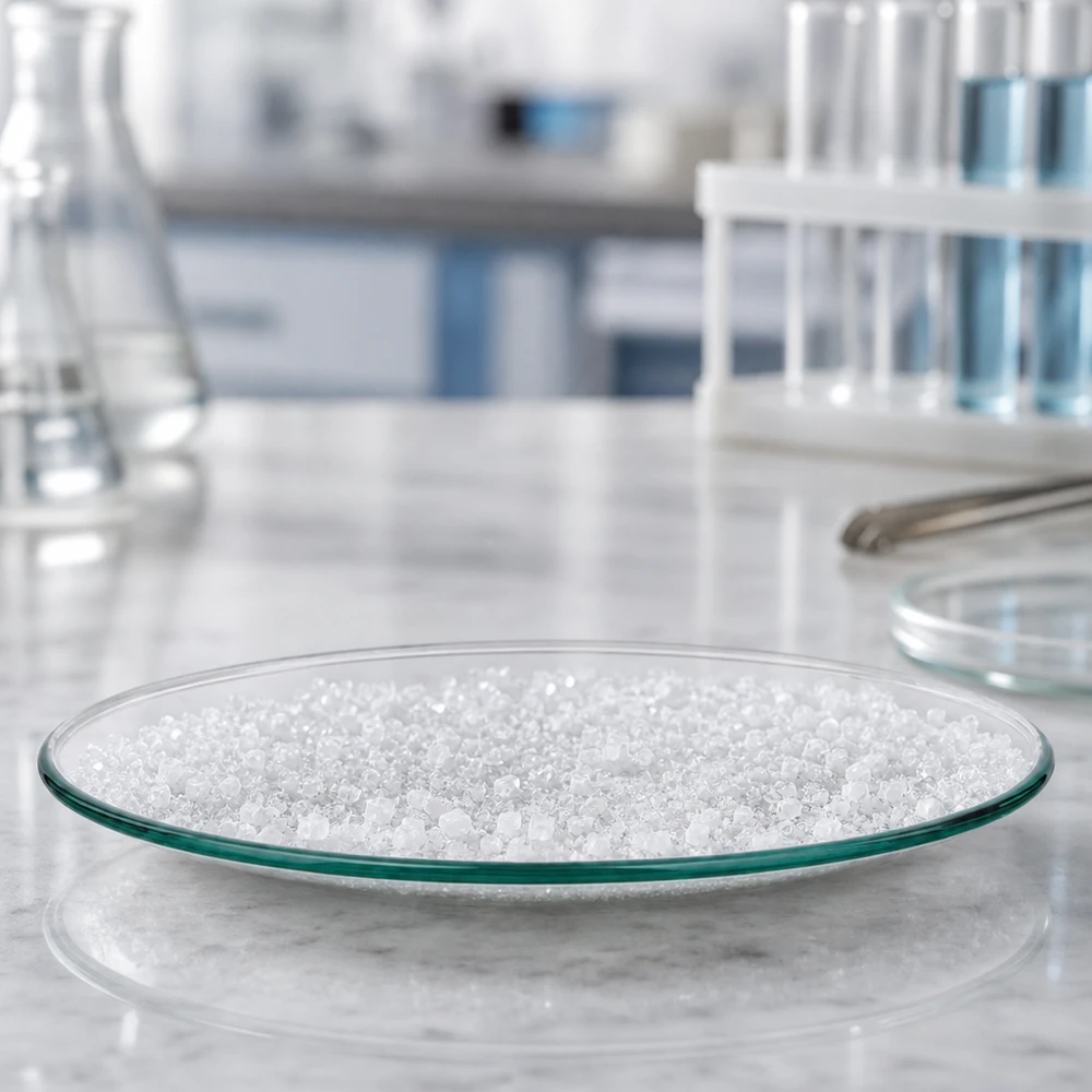 Pyöreä lasiastia 80mm valkoisella jauheella modernissa laboratoriossa kemiallisiin kokeisiin