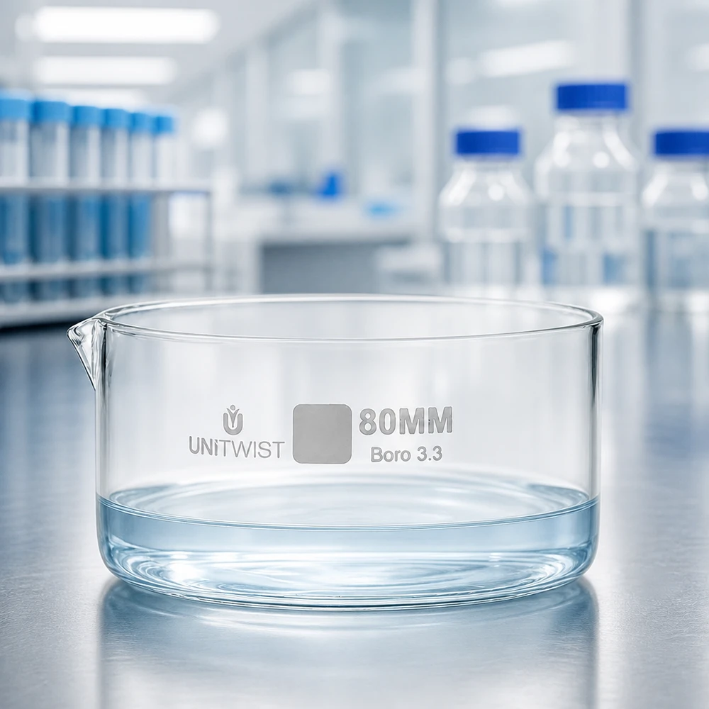Kiteytysastia ø80mm borosilikaattilasi UNiTWIST. 80 mm:n kiteytysastia, borosilikaattilasia 3.3, UNiTWIST, vedellä täytettynä ruostumattomasta teräksestä valmistetulla alustalla laboratoriossa