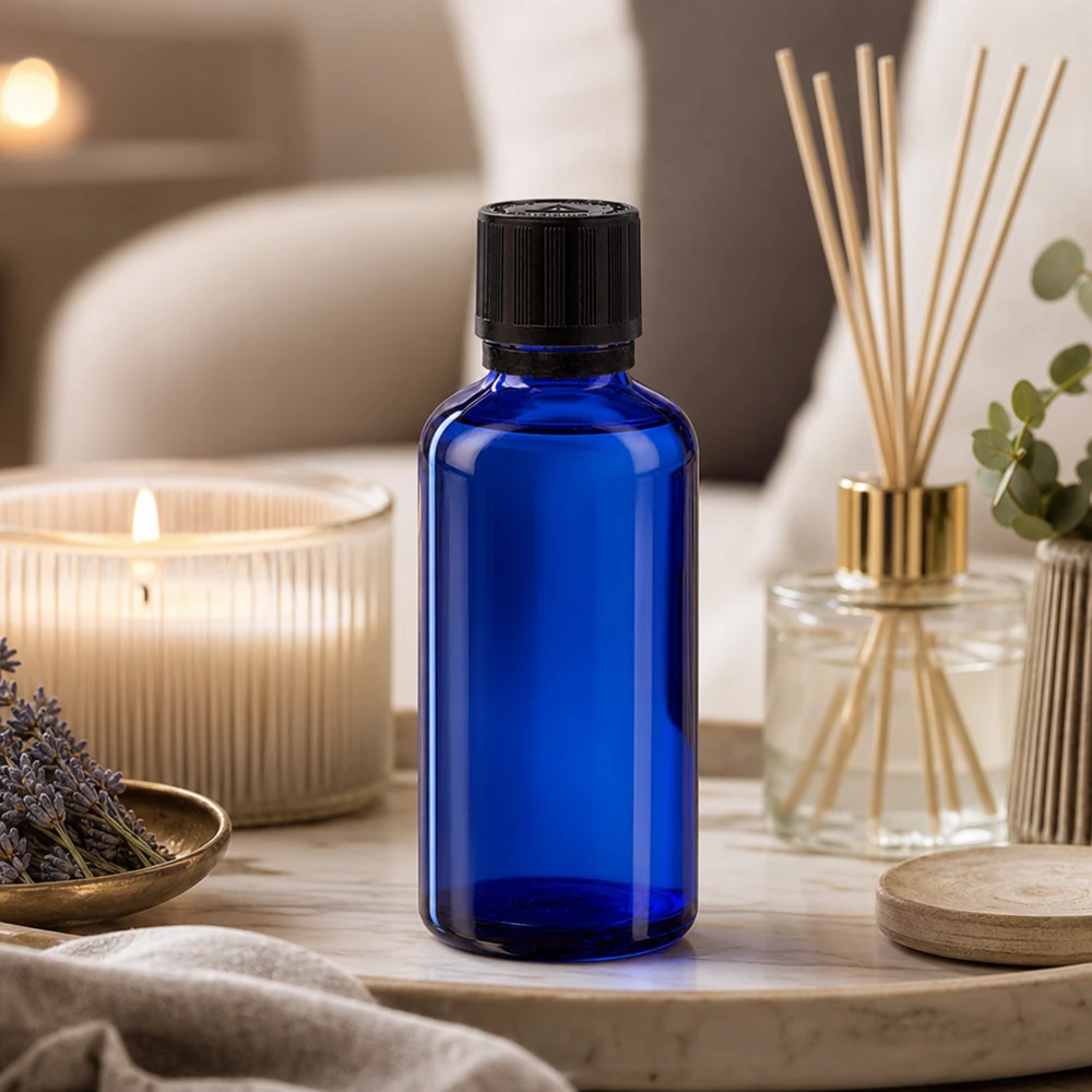 Apteekkipullo sininen 50ml tippapullo korkki kaatorengas 1mm musta lapsilukko sokea varoitussymboli peukaloinninesto sulkeminen. Koboltinsininen 50 ml:n tiputuspullo apteekkilasista, jossa on musta turvakorkki, marmorialustalla