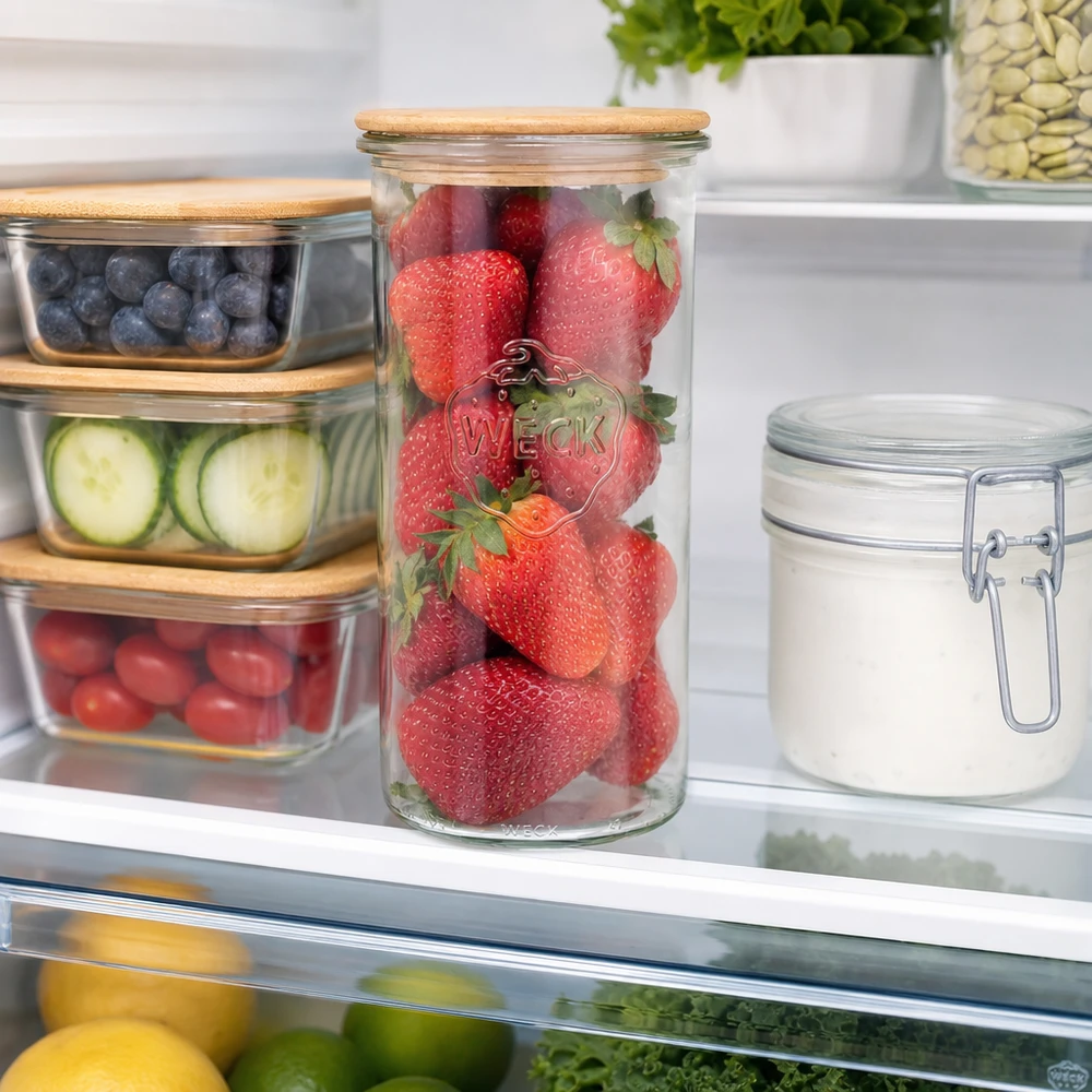 1500ml tumppupurkki WECK RR100 puukannella, jossa on puupallo WECK Sturzglas 1500ml RR100 mit Holzdeckel im Kühlschrank gefüllt mit frischen Erdbeeren für Frischhaltung