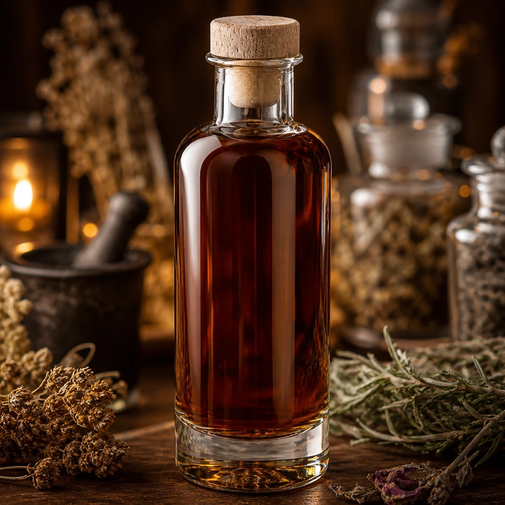 200ml Glasflasche Ella mit Holzkorken gefüllt mit braunem Elixier in rustikaler Alchemisten-Atmosphäre mit Kräutern
