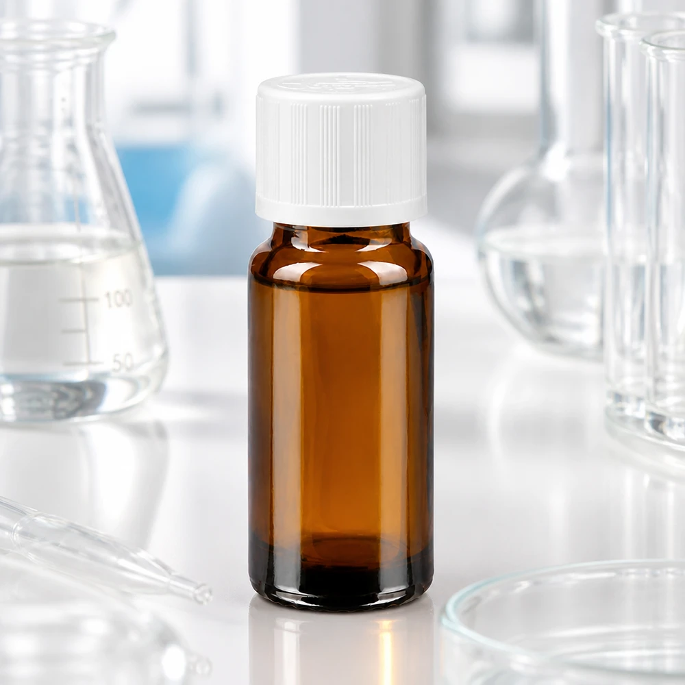 Meripihkavärinen 10 ml:n lasipullo, jossa on valkoinen turvakorkki, laboratoriokäytössä